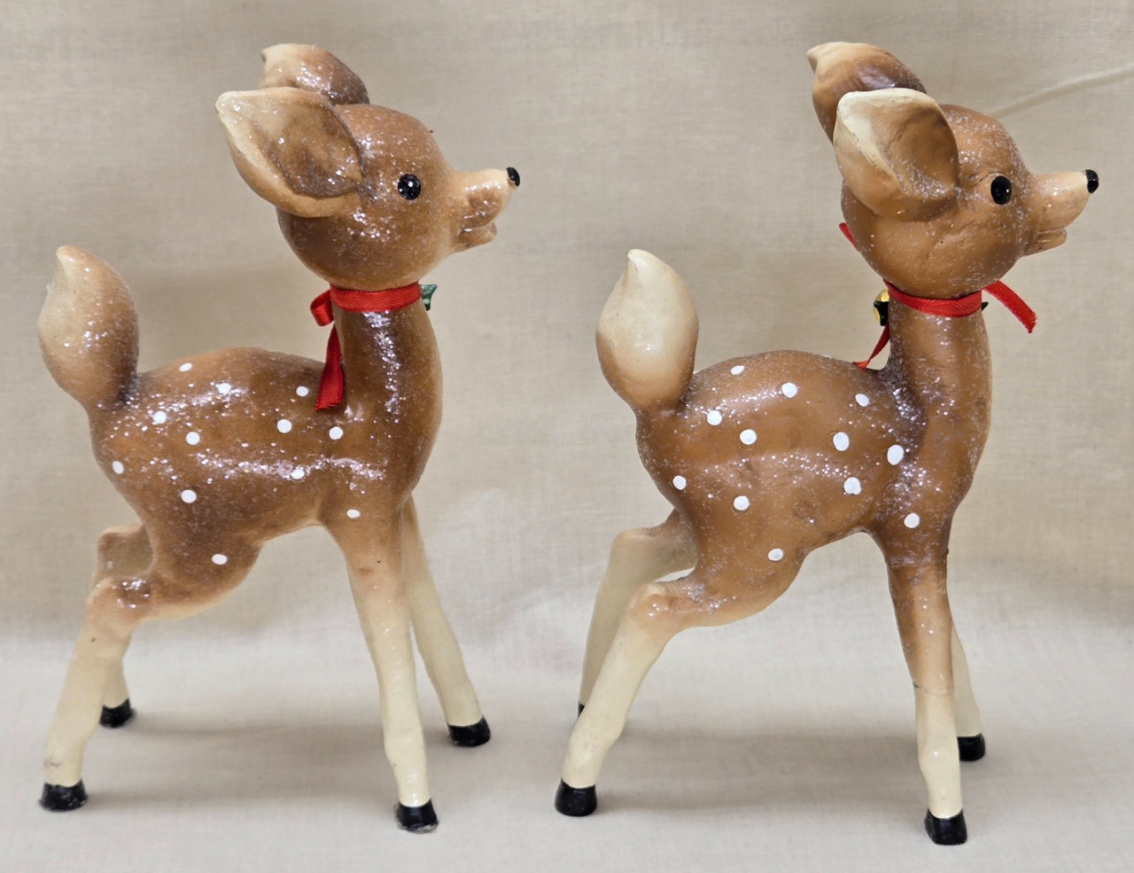 Vintage Retro Christmas Deer Fawns Reindeer Set Of 2 Glittery Snow Vintage Retro Christmas Deer Fawns Reindeer Set Of 2 Glittery Snow