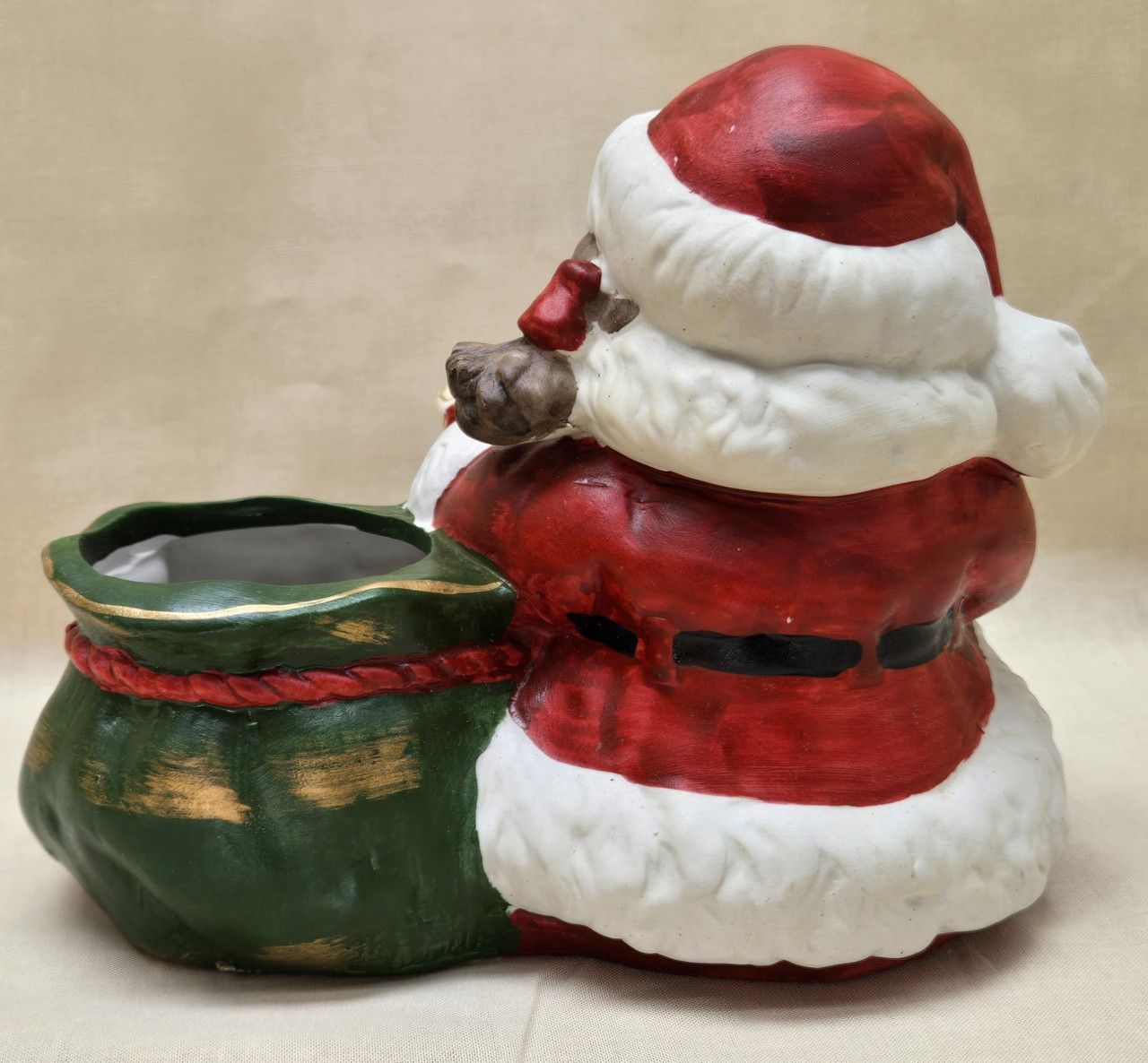 RARE Christmas Ceramic Planter Little Girl Reading Music in Santa Suit w/Sack