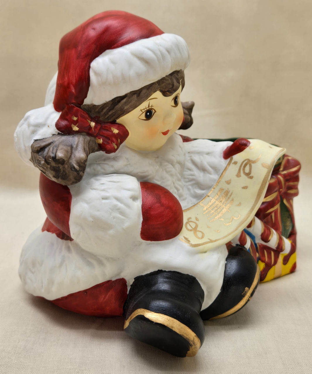 RARE Christmas Ceramic Planter Little Girl Reading Music in Santa Suit w/Sack