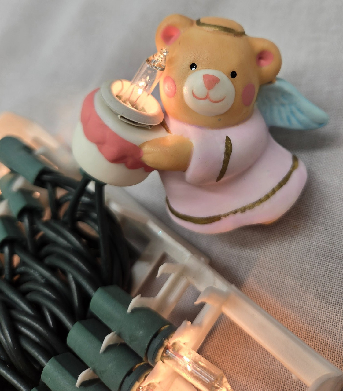 4 Christmas Angel Bears Tree Light Covers Ornaments Porcelain w/ Clips