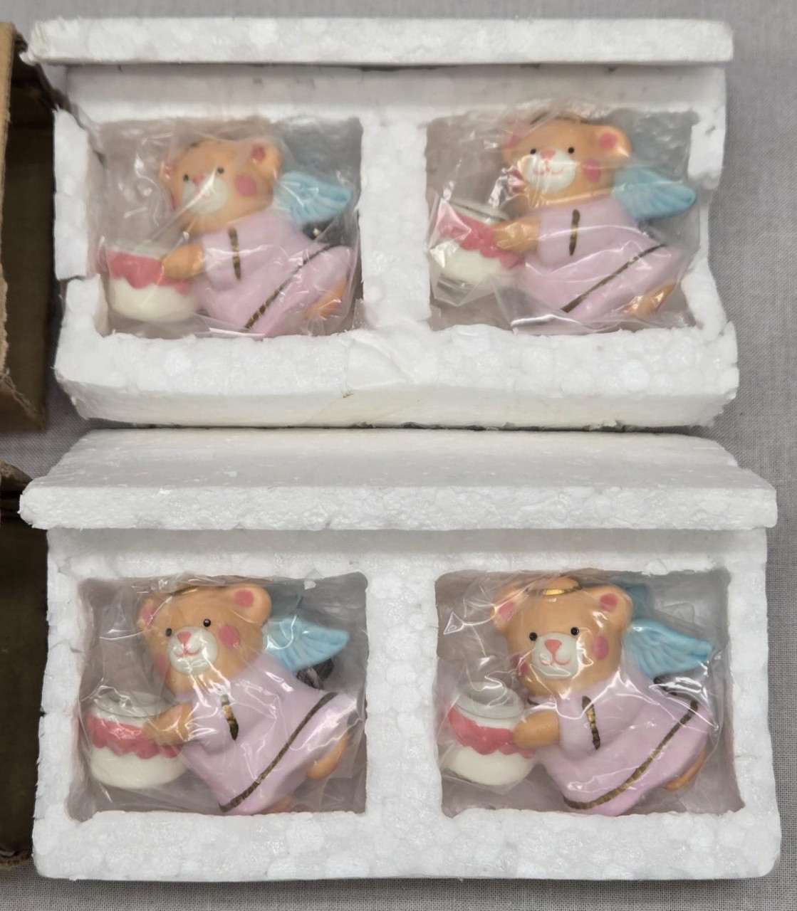 4 Christmas Angel Bears Tree Light Covers Ornaments Porcelain w/ Clips