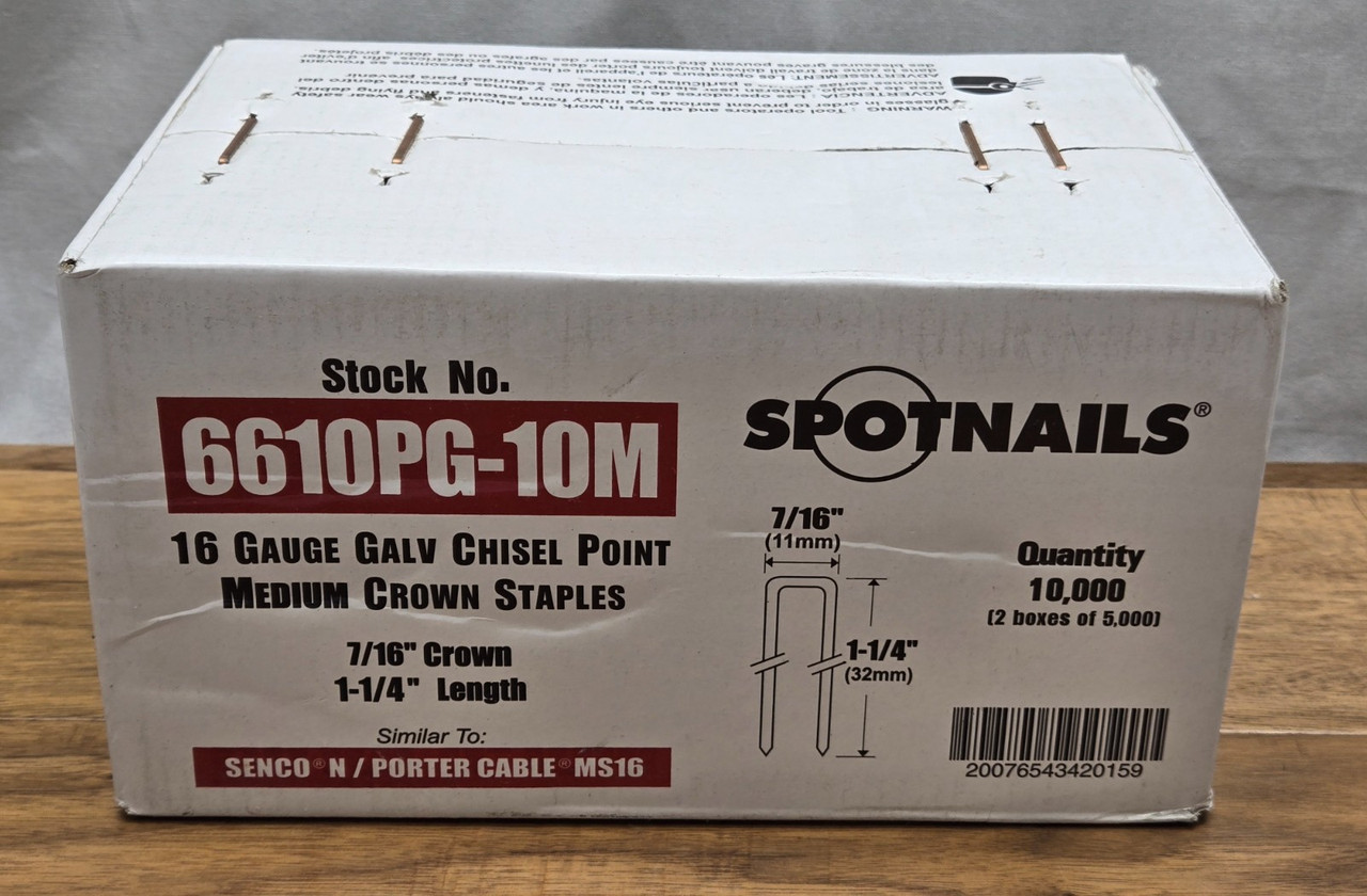 Spotnails 6610PG 16 Gauge 1-1/4" Leg x 7/16" Medium Crown Staples 10,000 Count Spotnails 6610PG 16 Gauge 1-1/4" Leg x 7/16" Medium Crown Staples 10,000 Count