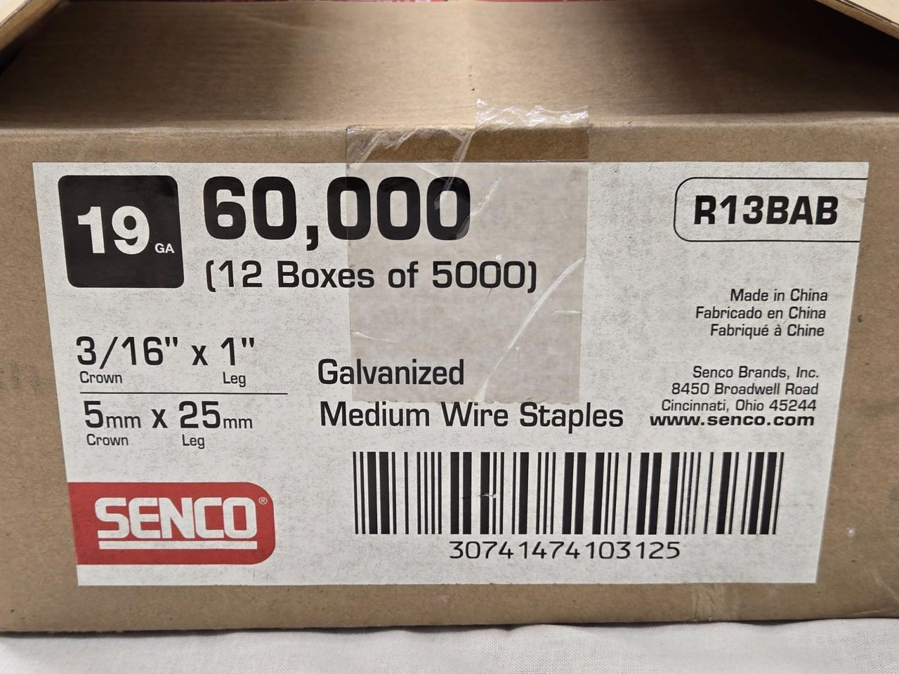 Senco 3/16" x 1" Wire Staples (12 boxes) 19 gauge R13BAB Senco 3/16" x 1" Wire Staples (12 boxes) 19 gauge R13BAB