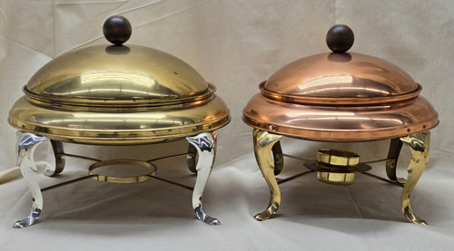 2 Vintage Round Chafing Dishes - Brass, Copper - Wood Ball Handles