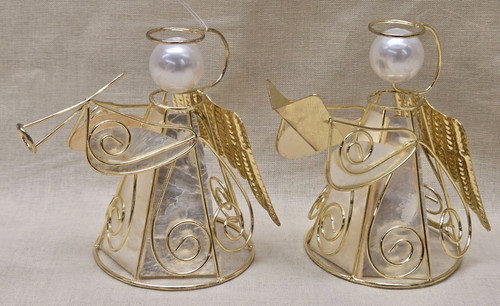 2 Capiz Shell Wire Angel Ornaments (Holding Trumpet & Choir Book) 2 Capiz Shell Wire Angel Ornaments (Holding Trumpet & Choir Book)