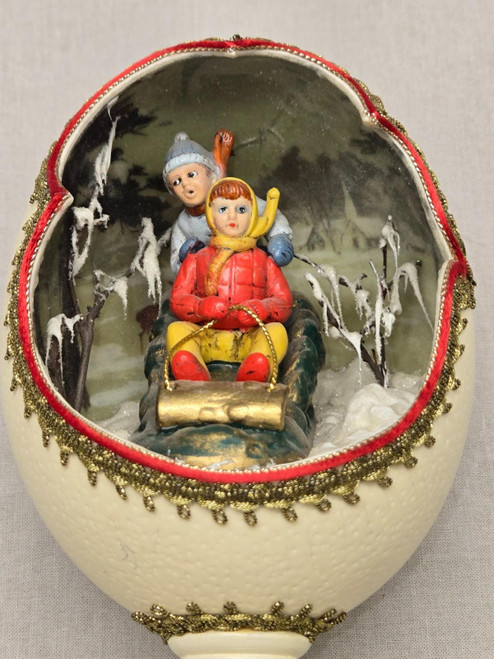 Winter Snow Scene Diorama Large 6" Egg on stand Sledding Music Box
