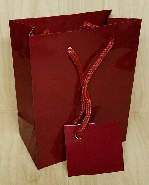 15 Glossy DARK RED Gift Bags w/ Nylon Handles & Attached Card (5.25"x4.25")