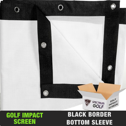A golf impact simulator screen with black border and sleeves