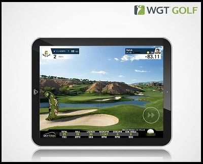 A tablet displaying a virtual golf course