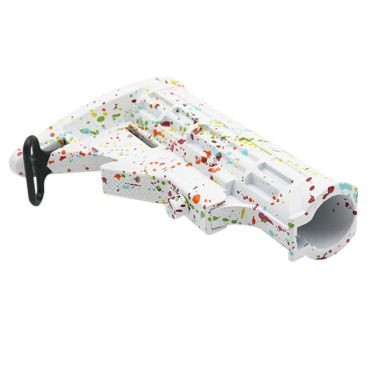 MCS AR-15 Collapsible Standard Stock Mil Spec - CERAKOTE SPLATTER - Mil Spec - BASE BRIGHT WHITE - PATTERN - RGB - RED - PNK - ORG - LEM - ZBG 
