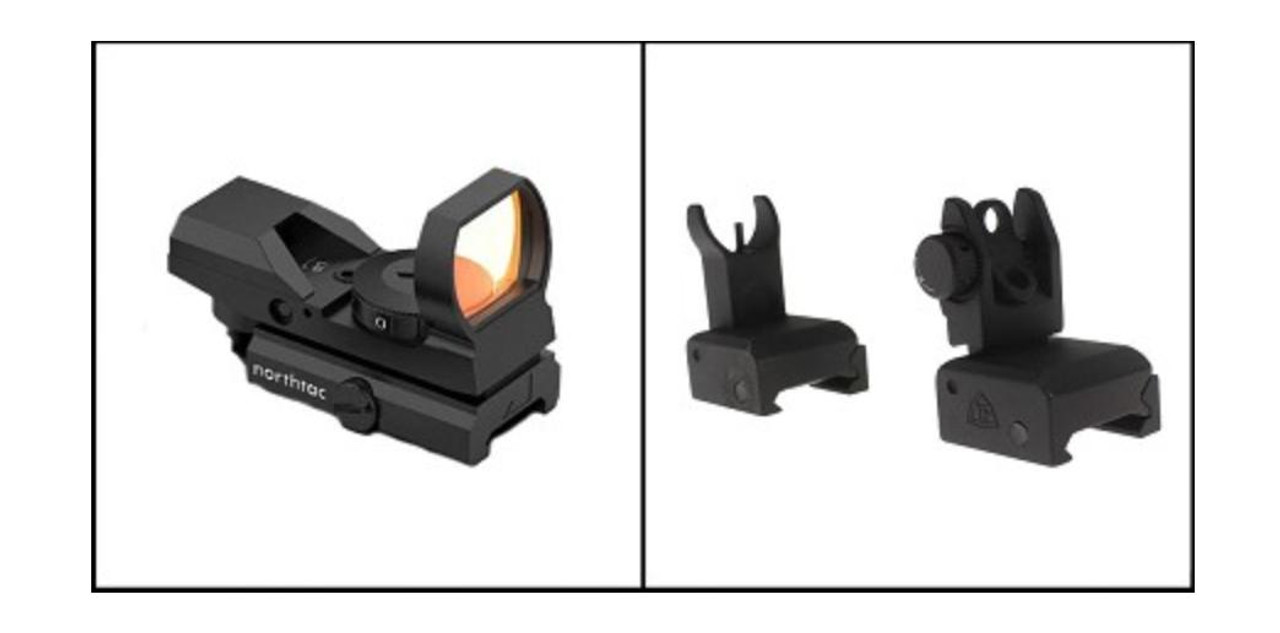 MCS RED DOT + FLIP UP SIGHT COMBO: MVR REFLEX SIGHT DUAL COLORS RED/GREEN + QF BUIS FRONT AND REAR IRON SIGHT 