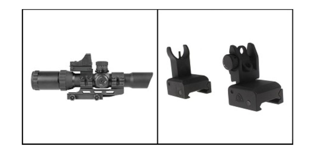 MCS ASSAULT COMBO 1-4X28 SCOPE MILDOT RED,GREEN,BLUE ILLUM RETICLE + QF BUIS FRONT AND REAR IRON SIGHT COMBO 