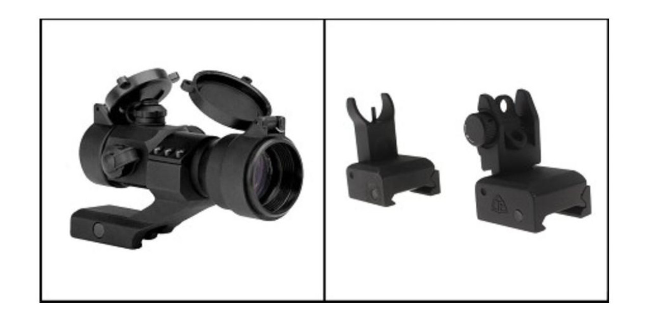 MCS RED DOT + FLIP UP SIGHT COMBO: STEALTH SIGHT 1X30 + QF BUIS FRONT AND REAR IRON SIGHT COMBO 