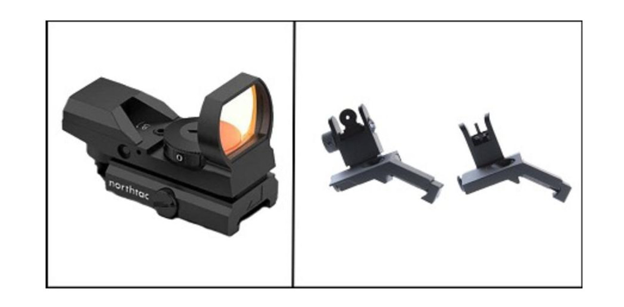 MCS MVR REFLEX SIGHT DUAL COLORS RED/GREEN 50/CS + 45 DEGREE OFFSET SPRING LOADED FLIP-UP SIGHT SET 