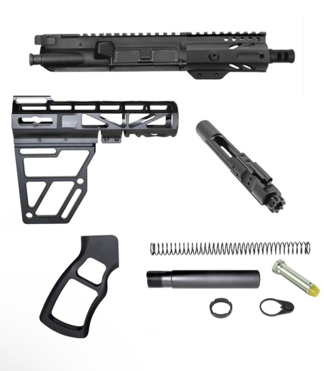 MCS AR15 Skeletonized 5" Build Kit - Built Upper - Brace - BCG - Grip - Pistol Buffer Kit - Black 