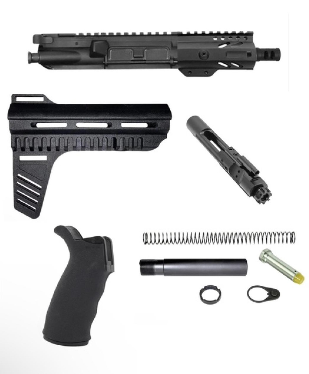 MCS AR-15 Skeleton 5" Build Kit - Built Upper - Brace - BCG - Grip - Pistol Buffer Kit - Black 