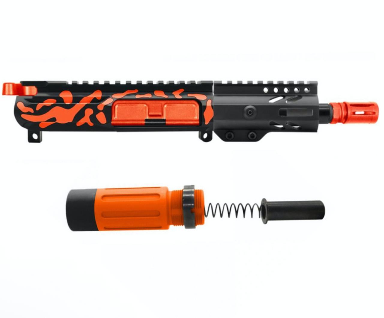 MCS AR-15 5.56 NATO CAMO 5'' V2 SLICK SIDE PISTOL UPPER - FORGED UPPER WITH 3.5 SHORT BUFFER SYSTEM - CERAKOTE ORANGE 