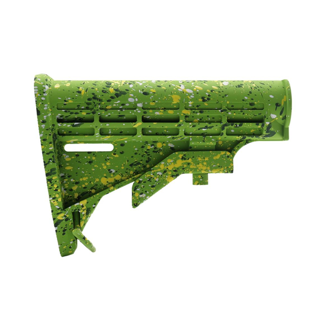 MCS AR-15 Collapsible Standard Version Stock Body - Mil Spec - Base Zombie Green - Pattern - Highland Green - White - Lemon Zest - Cerakote Splatter 