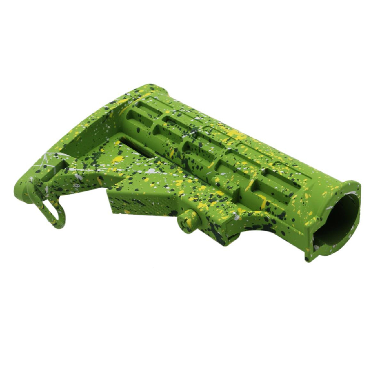MCS AR-15 Collapsible Standard Version Stock Body - Mil Spec - Base Zombie Green - Pattern - Highland Green - White - Lemon Zest - Cerakote Splatter 