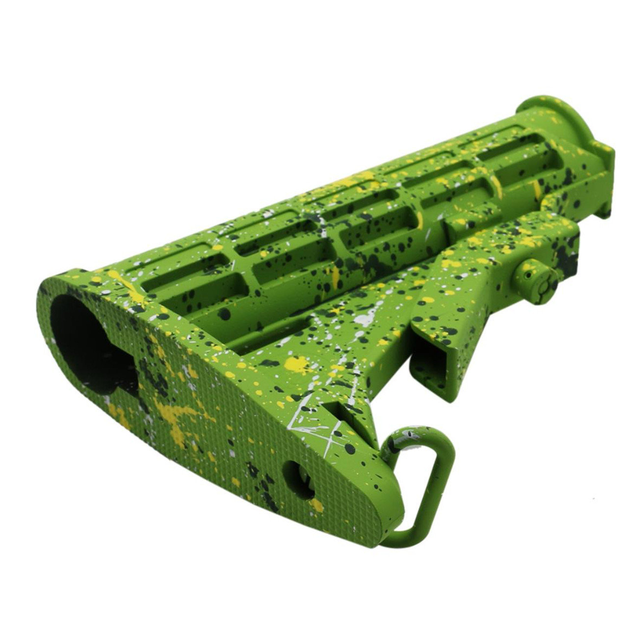 MCS AR-15 Collapsible Standard Version Stock Body - Mil Spec - Base Zombie Green - Pattern - Highland Green - White - Lemon Zest - Cerakote Splatter 