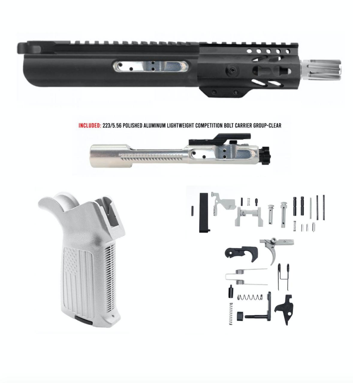 MCS AR-15 5.56 NATO 5'' PISTOL - SLICK SLIDE FORGED UPPER WITH 4'' HANDGUARD - SILVER BCG - LOWER PARTS KIT - USA GRIP 
