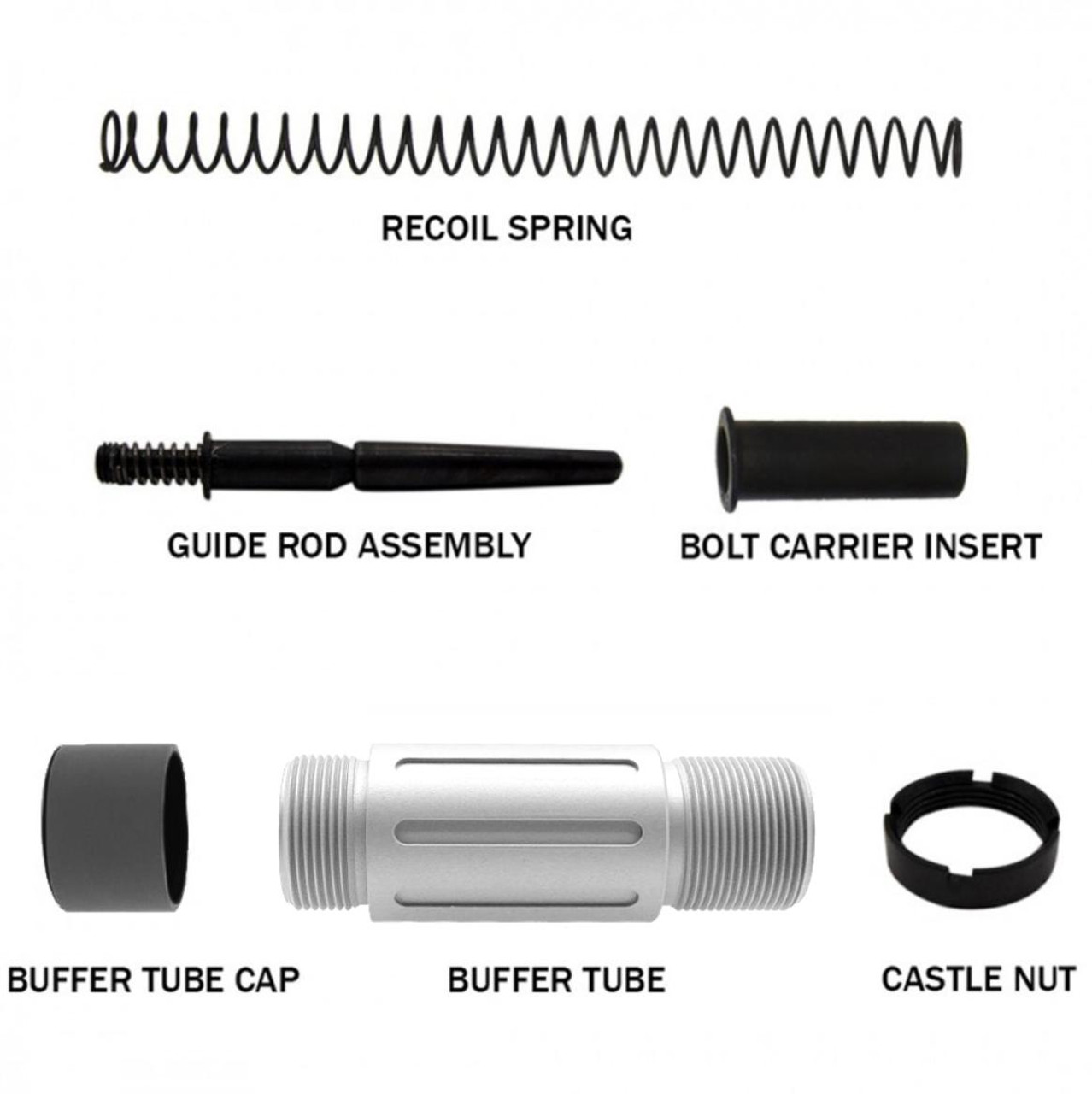 MCS AR-15 Complete Compact Short Buffer Tube Kit 3.5'' Cerakote Glacier Silver  -  W/ Black Cap 