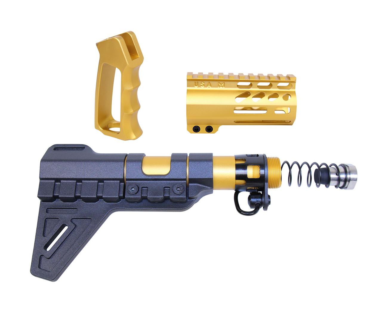 MCS AR-15 Micro Pistol Furniture Set With Brace - Anodized Gold  MCS AR-15 Micro Pistol Furniture Set With Brace - Anodized Gold