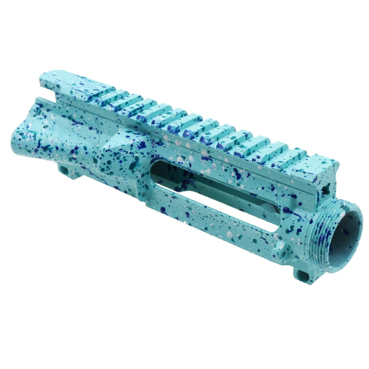 MCS AR-15 Mil-Spec Upper Receiver - Base Robins Egg - Pattern - Aqua Teal - Bright White - Blue Flame - Made in U.S.A - Cerakote Splatter 