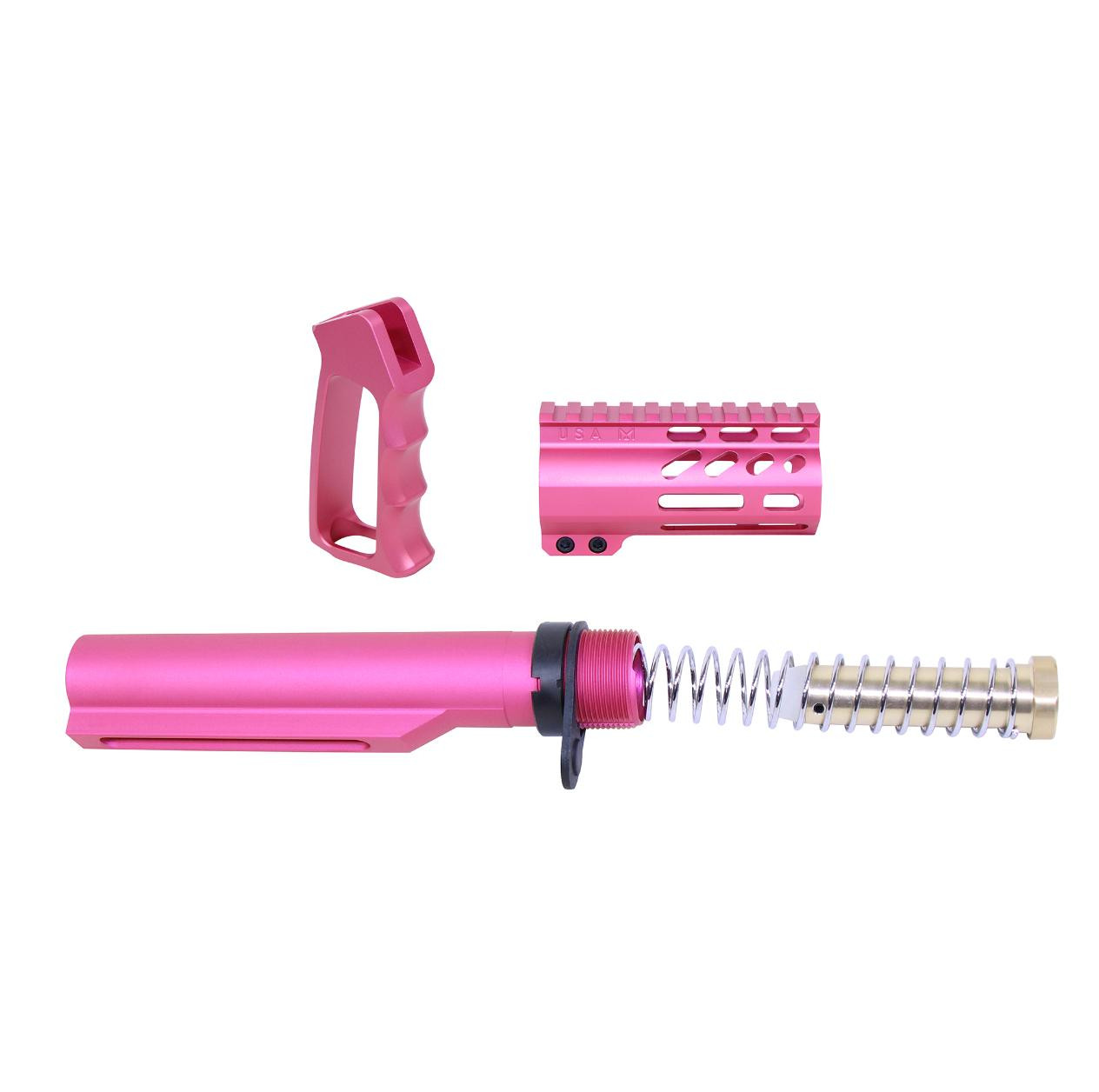 MCS AR-15 Micro Pistol Furniture Set With Milspec Buffer Tube USA Made - Anodized Pink 