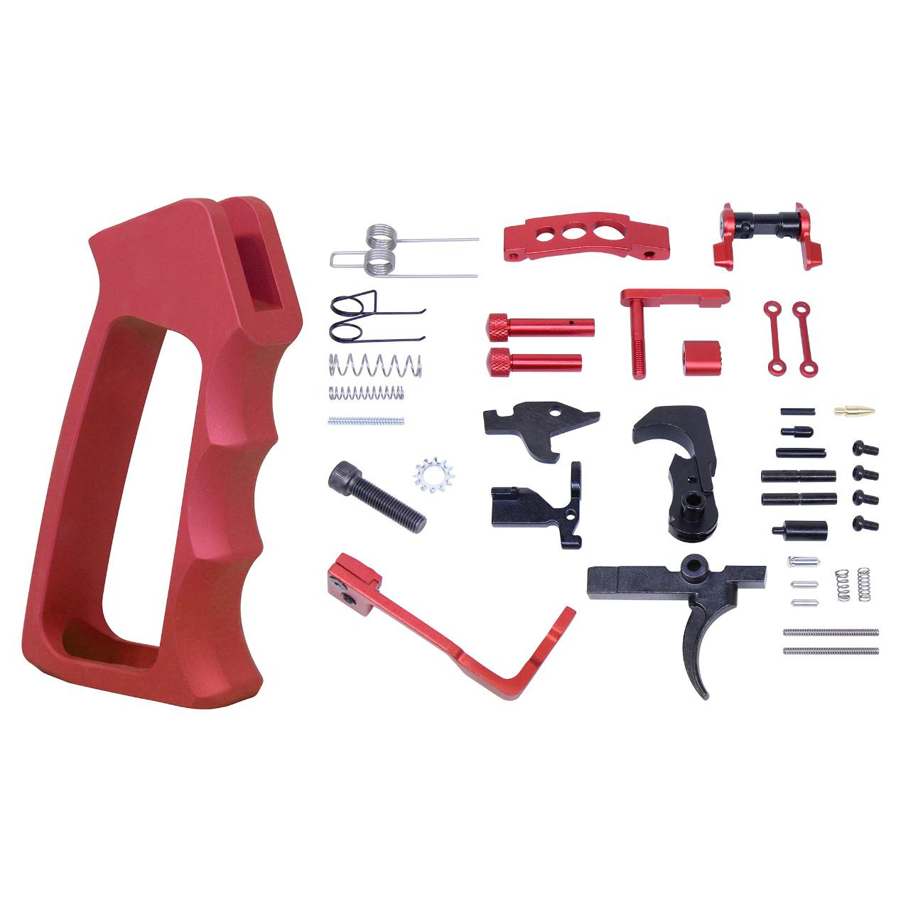 MCS AR-15 Enhanced Lower Parts Kit W/ Upgrades & Gen 2 Skeletonized Aluminum Pistol Grip - Anodized Red 