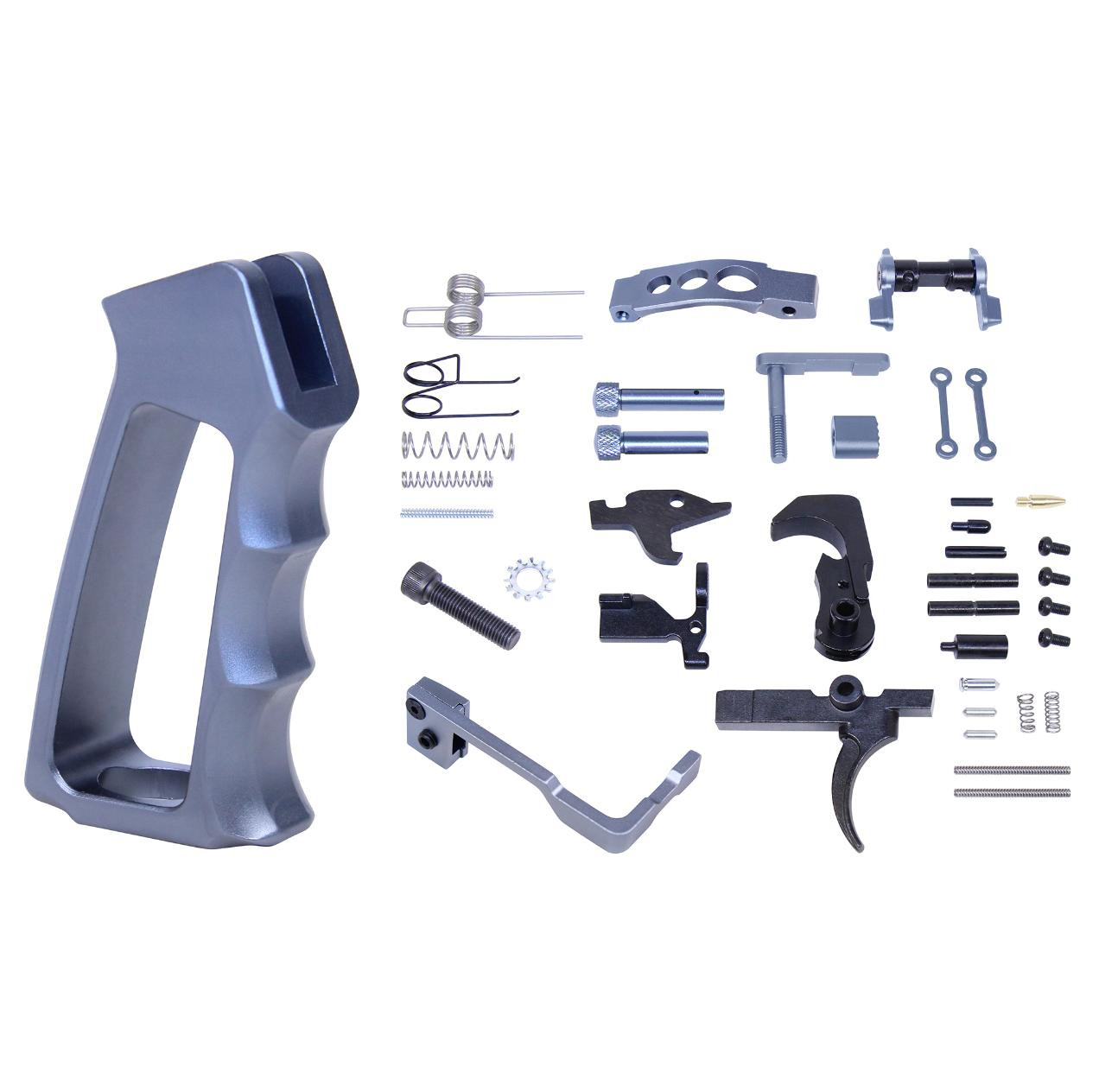 MCS AR-15 Enhanced Lower Parts Kit W/ Upgrades & Gen 2 Skeletonized Aluminum Pistol Grip - Anodized Gray 