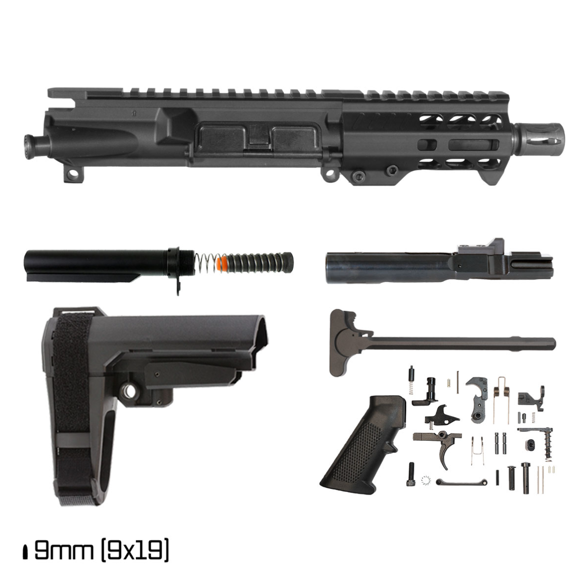 AR-9 9MM 5 INCH AR PISTOL BUILD KIT FREEFLOAT M-LOK HANDGUARD SBA3 PISTOL BRACE