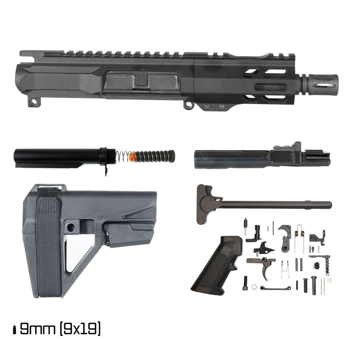 MCS AR-9 5-INCH 9MM PISTOL BUILD KIT 1:10 FREEFLOAT M-LOK HANDGUARD W/SBA5 BRACE 