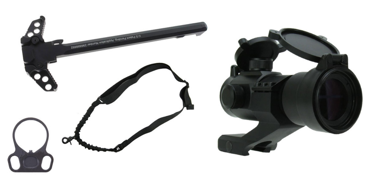 MCS 1X30 DUAL ILLUMINATED RED/GREEN DOT SIGHT COMBO WITH AMBI AR-15 CHARGING HANDLE + AR-15/M16 AMBI END PLATE + ONE POINT BUNGEE RIFLE SLING BLACK 