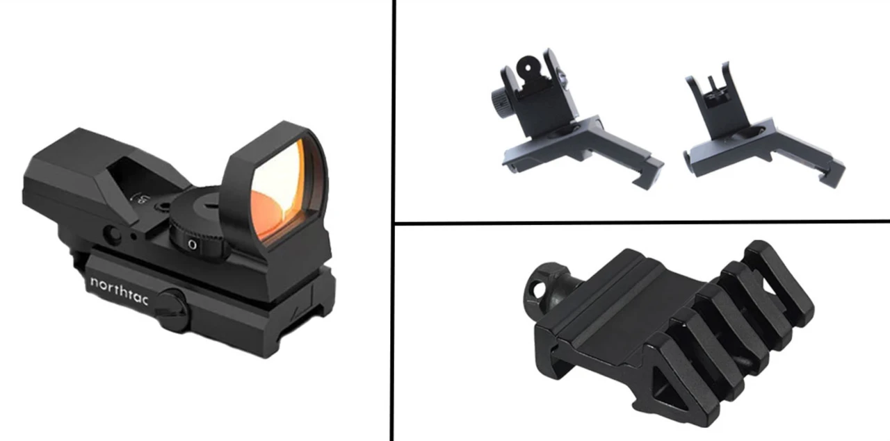 MCS REFLEX + OFFSET COMBO: MVR REFLEX SIGHT +  45 OFFSET WEAVER MOUNT + 45 DEGREE OFFSET FLIP-UP SIGHT SET