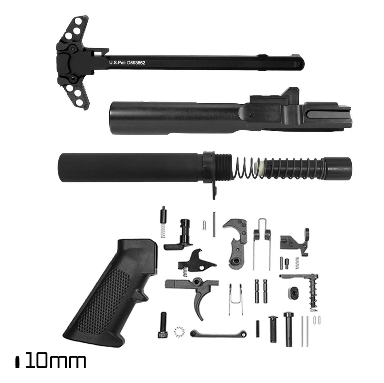 MCS AR-15 10MM CARBINE BUILD KIT - AMBIDEXTROUS CHARGING HANDLE + 8 OZ CARBINE BUFFER TUBE KIT + COMPLETE LOWER PARTS KIT + 10MM BOLT CARRIER GROUP 
