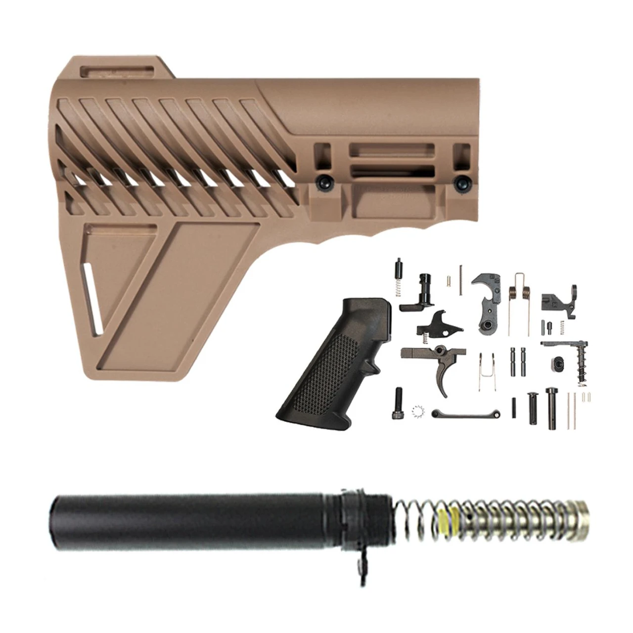 MCS AR-15 PISTOL STABILIZING BRACE COMBO -  ARP PISTOL BUFFER TUBE KIT + COMPLETE LOWER PARTS KIT + FIN BRACE - FDE TAN 
