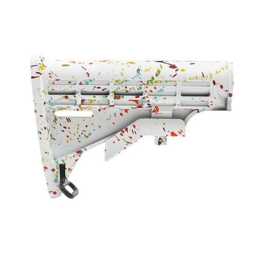 MCS AR-15 Collapsible Standard Stock Mil Spec - CERAKOTE SPLATTER - Mil Spec - BASE BRIGHT WHITE - PATTERN - RGB - RED - PNK - ORG - LEM - ZBG 