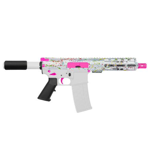 MCS AR-15 5.56 NATO 7.5'' PISTOL KIT - FORGED UPPER WITH 7" ANGLE CUT CLAMP ON M-LOK HANDGUARD - CERAKOTE SPLATTER - PINK  MCS AR-15 5.56 NATO 7.5'' PISTOL KIT - FORGED UPPER WITH 7" ANGLE CUT CLAMP ON M-LOK HANDGUARD - CERAKOTE SPLATTER - PINK