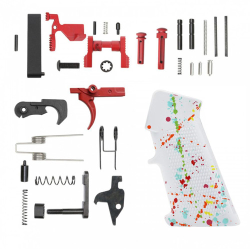 MCS AR-15 Lower Parts Kit w/ Cerakote White Splatter Grip - Red  MCS AR-15 Lower Parts Kit w/ Cerakote White Splatter Grip - Red