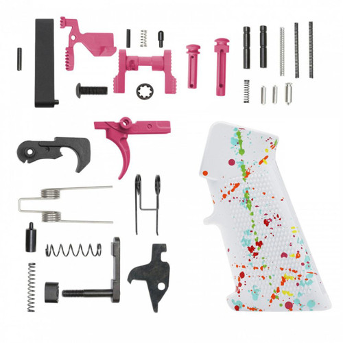 MCS AR-15 Lower Parts Kit w/ Cerakote White Splatter Grip - Pink 
