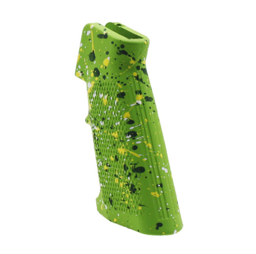MCS AR-15 STANDARD A2 PISTOL GRIP - BASE ZOMBIE GREEN - PATTERN - HIGHLAND GREEN - WHITE - LEMON ZEST - CERAKOTE SPLATTER 