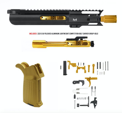 MCS AR-15 5.56 NATO 5'' PISTOL - SLICK SLIDE FORGED UPPER WITH 4'' HANDGUARD - GOLD BCG - LOWER PARTS KIT - USA GRIP 
