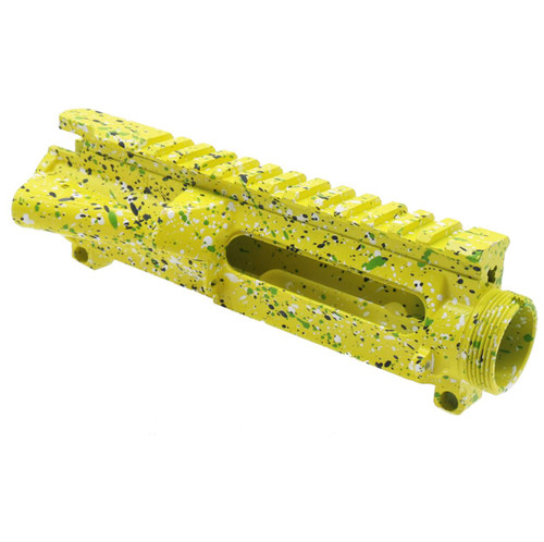 MCS AR-15 Mil-Spec Upper Receiver - Base Lemon Zest - Pattern - Sniper Gray - Bright White - Zombie Green - Made in U.S.A - Cerakote Splatter  MCS AR-15 Mil-Spec Upper Receiver - Base Lemon Zest - Pattern - Sniper Gray - Bright White - Zombie Green - Made in U.S.A - Cerakote Splatter