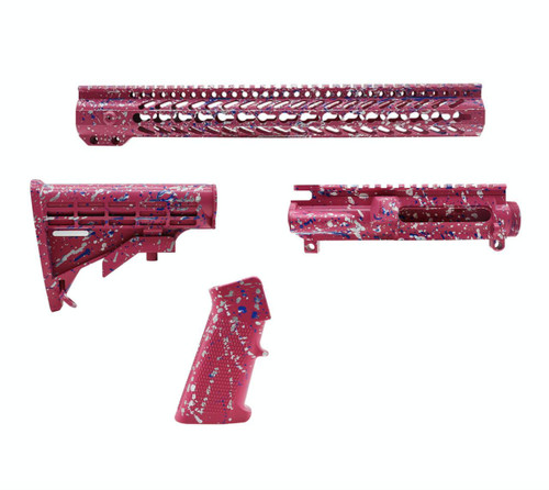 MCS AR-15 Cerakote Splatter Furniture Set - Upper Receiver - 15" Rail - A2 Grip - Stock - Base Color Pink 