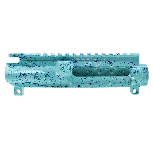 MCS AR-15 Mil-Spec Upper Receiver - Base Robins Egg - Pattern - Aqua Teal - Bright White - Blue Flame - Made in U.S.A - Cerakote Splatter 