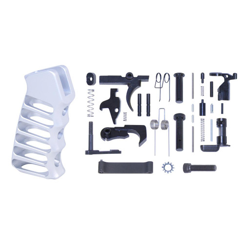 MCS AR-15 Complete Lower Parts Kit With Ultralight Skeletonized Aluminum Pistol Grip - Anodized Silver 