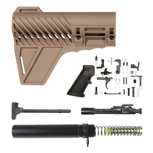 MCS AR-15 FDE POLYMER STABILIZING BRACE, MIL-SPEC LOWER PARTS KIT, BCG, CHARGING HANDLE, PISTOL BUFFER TUBE KIT, 3 OZ CARBINE BUFFER