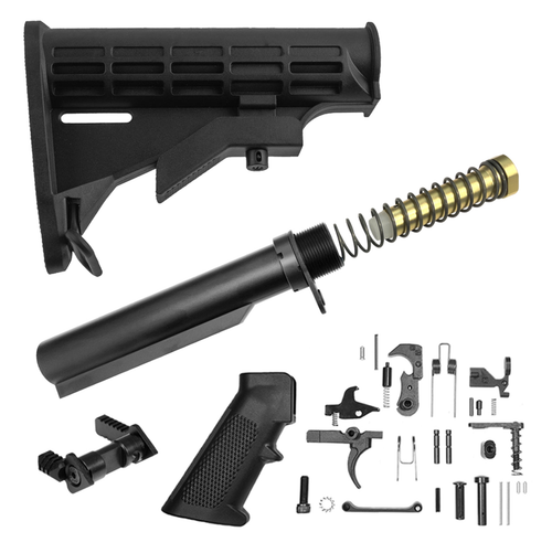 AR-15 LOWER FINISH KIT (CARBINE): AMBI SAFETY SELECTOR + M4 STOCK + AR-15 BUFFER TUBE KIT + AR LOWER PARTS KIT