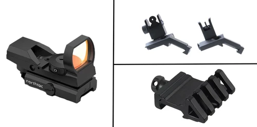 MCS REFLEX + OFFSET COMBO: MVR REFLEX SIGHT +  45 OFFSET WEAVER MOUNT + 45 DEGREE OFFSET FLIP-UP SIGHT SET